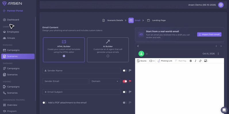 Recording of the Arsen interface: an email is imported at the Email step of a scenario and the draft opens in the email editor