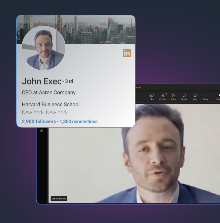 A public LinkedIn profile for a company executive shown beside the deepfaked version of them on a video call