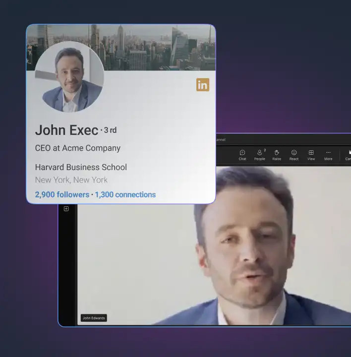 A public LinkedIn profile for a company executive shown beside the deepfaked version of them on a video call