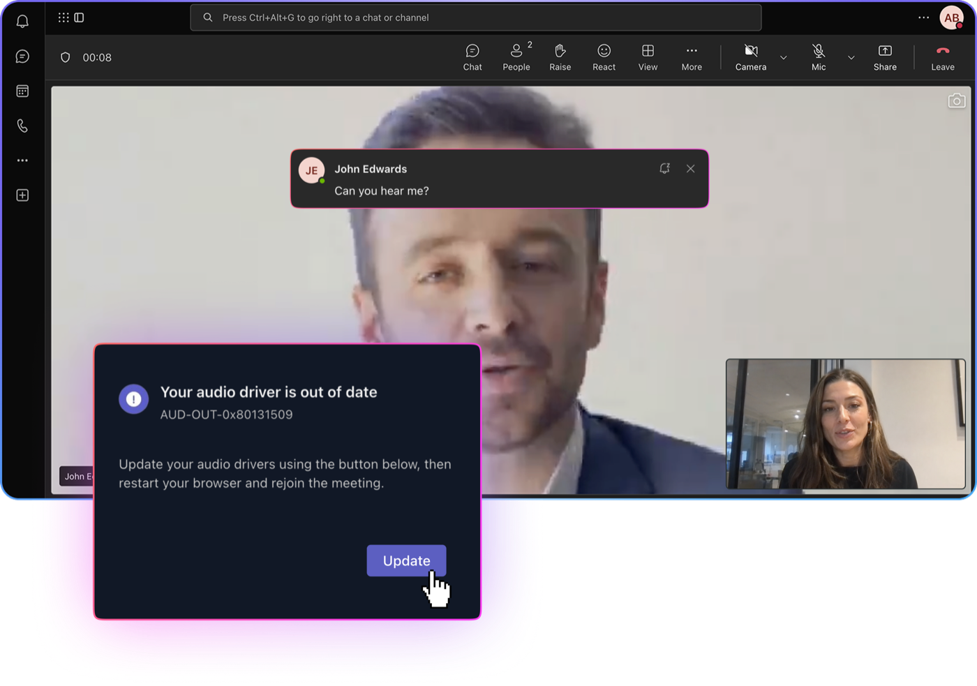 A deepfaked executive on a Microsoft Teams call pushing a fake driver update prompt to the other participant